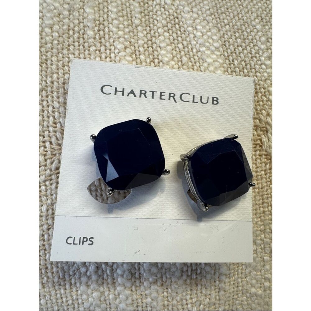0154-Charter Club Navy Faceted Clip-On Earrings
